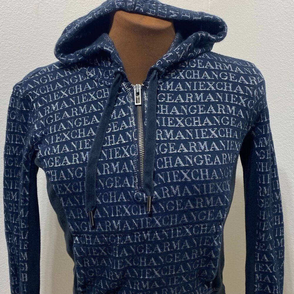 Armani Exchange Black/Silver Hoodie Size XS Quarter Zip Kangaroo Pocket - Picture 2 of 9